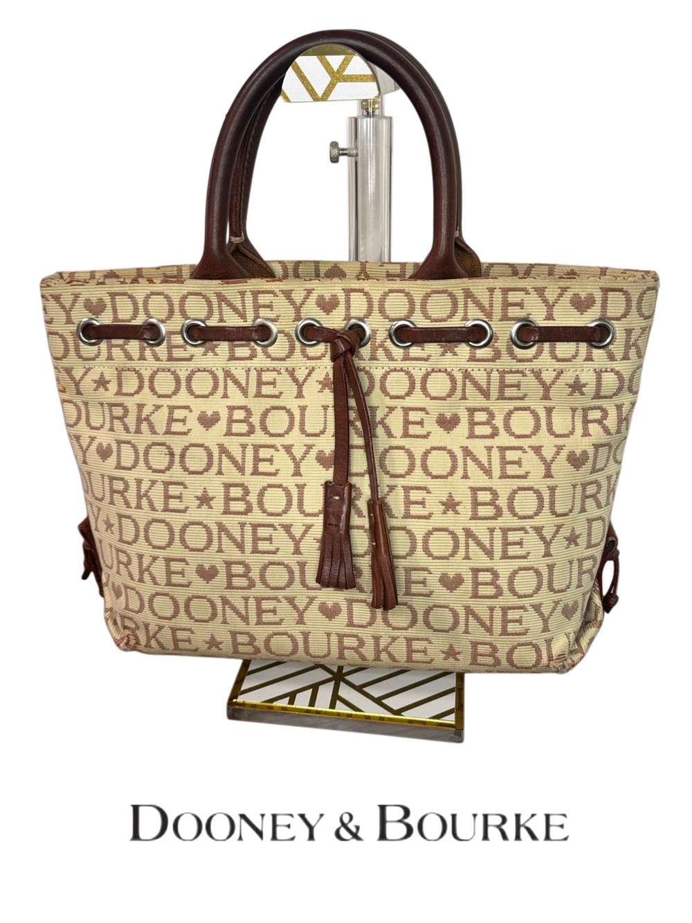 Dooney & Bourke Beige Canvas Logo Tote with Brown Trim
